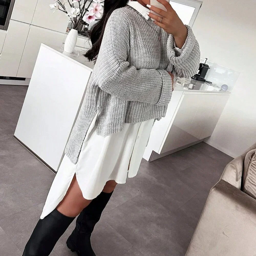 Grey Casual Women's Minimalist Long Split Sweater Top